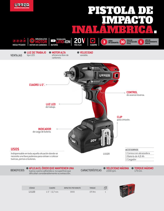Pistola de impacto 1/2" a batería Litio-ion 20 V 170 Nm Urrea