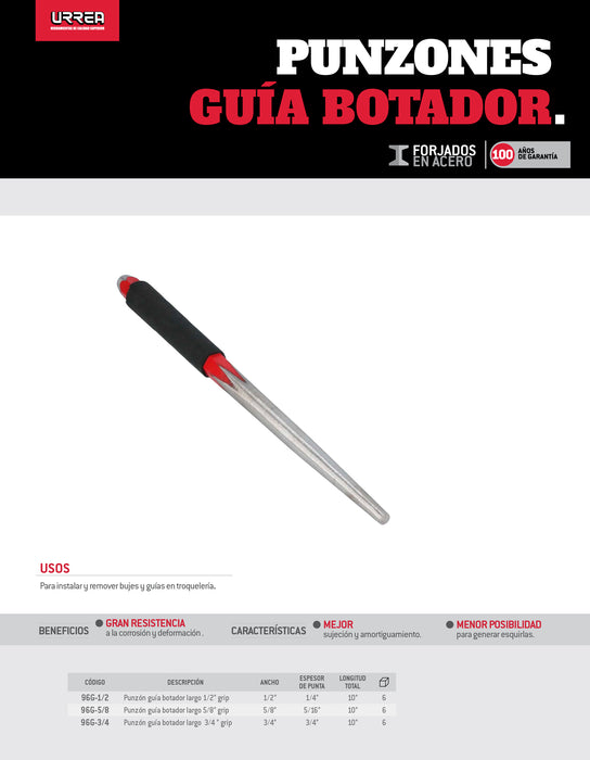 Punzón guía botador largo con grip 1/2", 10" Urrea
