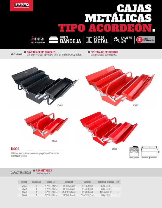 Caja portaherramientas metálica tipo acordeón roja 7" x 16" x 6" Urrea