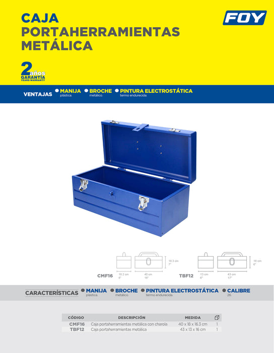 Caja portaherramientas metálica color azul con charola 16" x 7" x 6" Foy