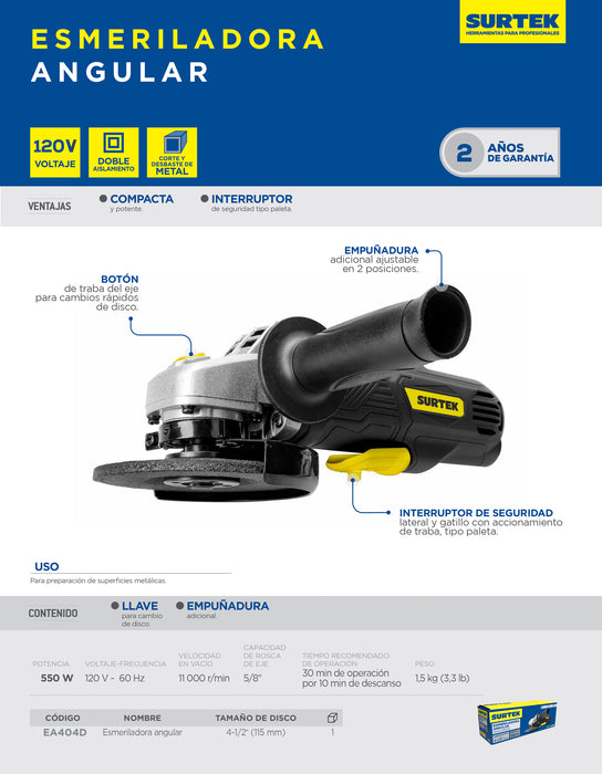 Mini esmeriladora angular 4-1/2" 550 W 120 V, 11000 RPM Surtek