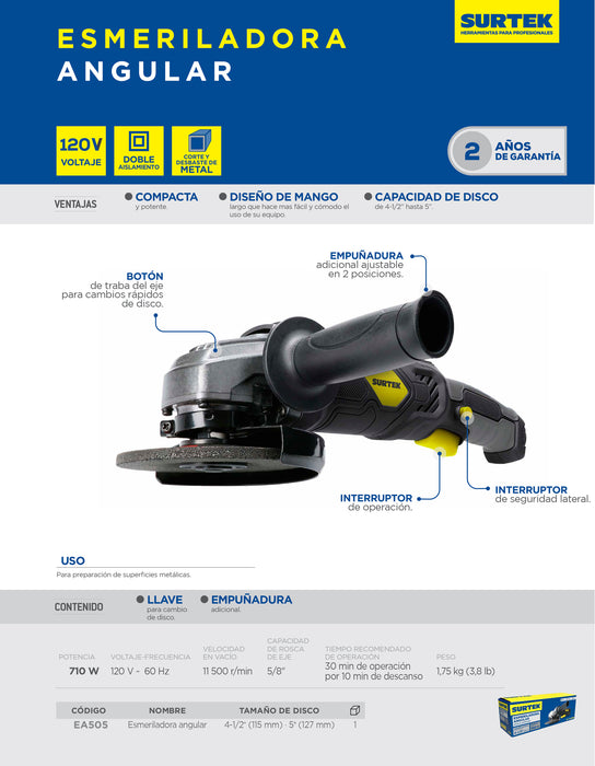 Esmeriladora angular 4-1/2" a 5" 710 W 120 V, 11500 RPM Surtek