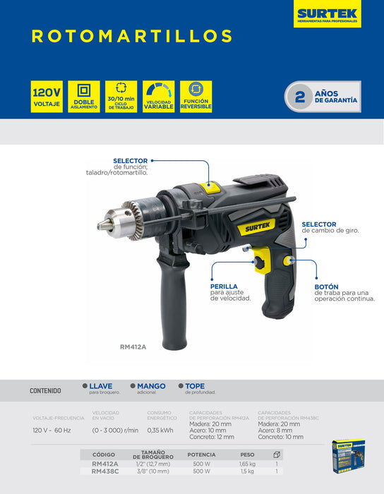 Rotomartillo 3/8" 500 W 120 V, 0 - 3 000 RPM con botón de traba para trabajos continuos Surtek