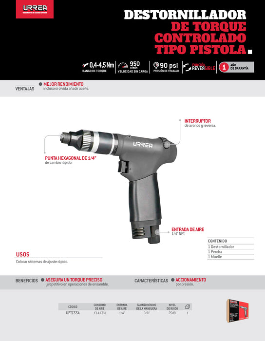 Destornillador neumático de torque controlado tipo pistola 950RPM Urrea