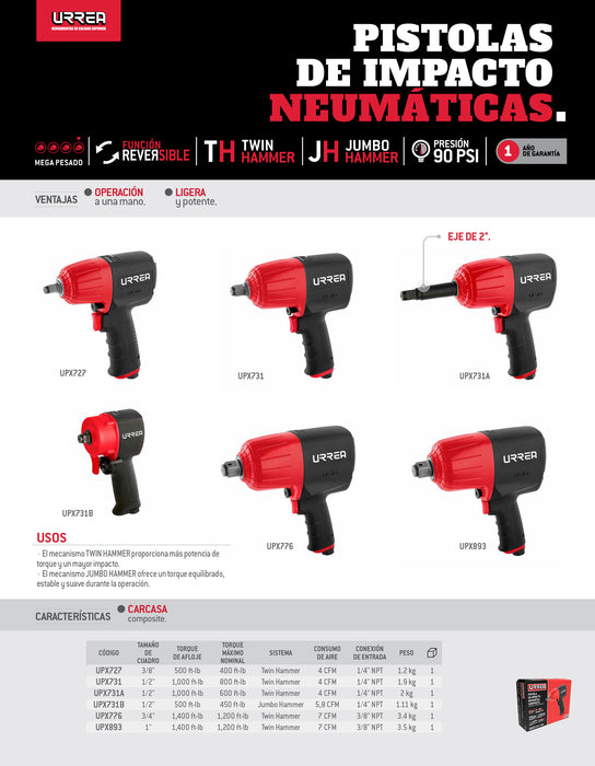 Pistola de impacto neumática cuadro de 3/4" 1,400 Ft-lb composite sistema twin hammer Urrea