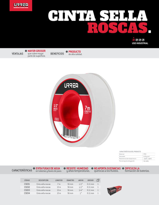 Cinta sella roscas de altas temperaturas 24 mm x 13 m Urrea