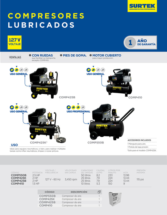 Compresor de aire eléctrico lubricado con pistola y manguera 25L, 2HP, 127V Surtek