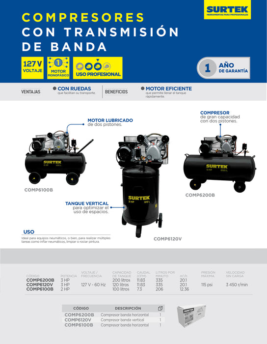 Compresor de aire eléctrico con transmisión de banda vertical 120L, 3HP, 127V Surtek