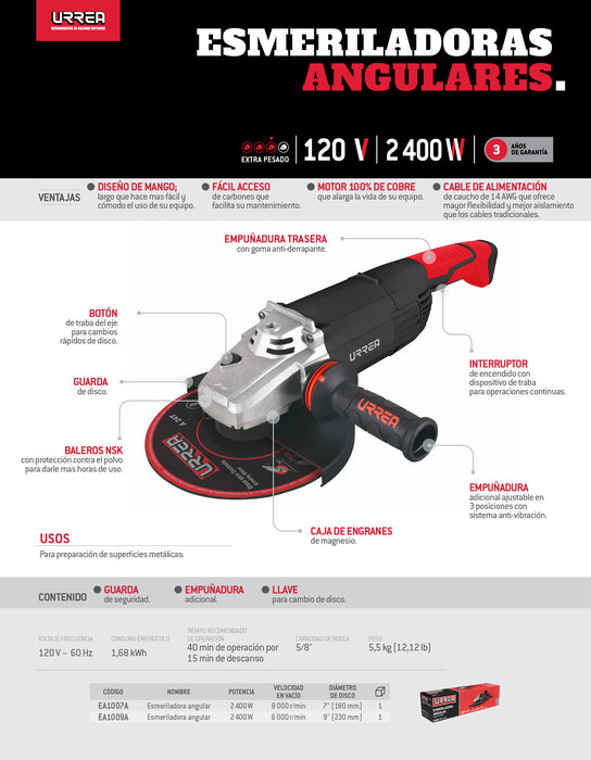Esmeriladora angular 9" 2400 W 120 V, 6000 RPM Urrea