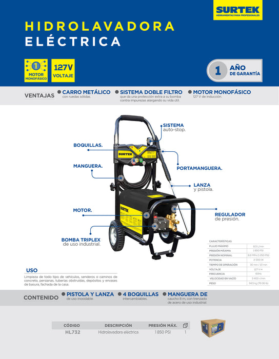 Hidrolavadora eléctrica 1400 W 127 V 1750 PSI, 5.5 Lt por minuto Surtek