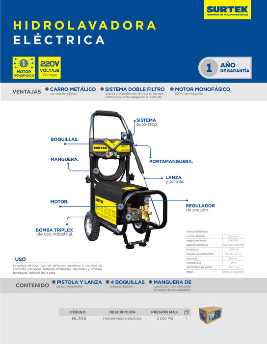 Hidrolavadora eléctrica 3200 W 200 V 2500 PSI, 9.5 Lt por minuto Surtek