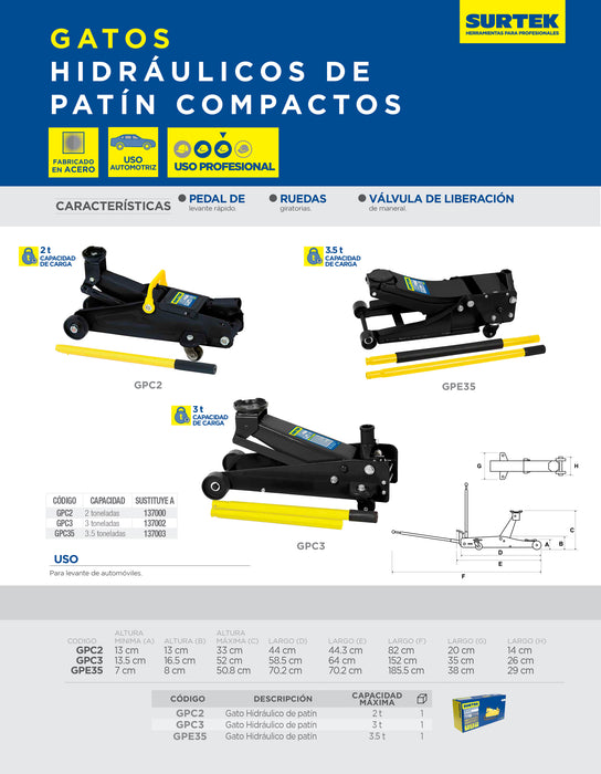 Gato hidráulico de patín compacto, 3.5 ton Surtek