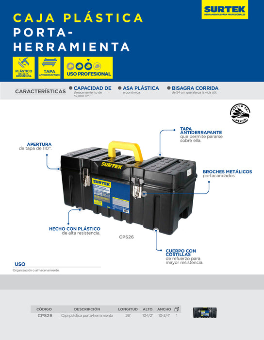 Caja portaherramientas plástica con broches metálicos color negro 26" x 10" x 10" Surtek