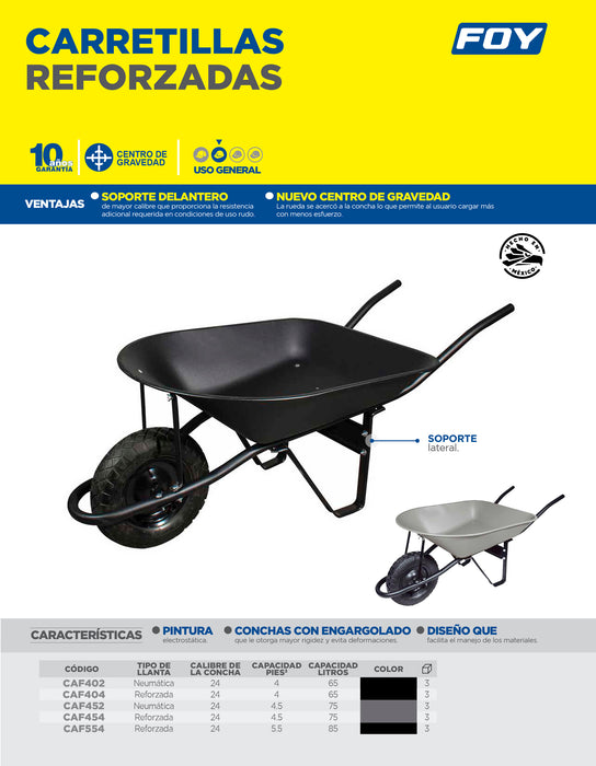 Carretilla con bastidor metálico 5.5 Ft3 llanta neumática reforzada de 4 capas Foy