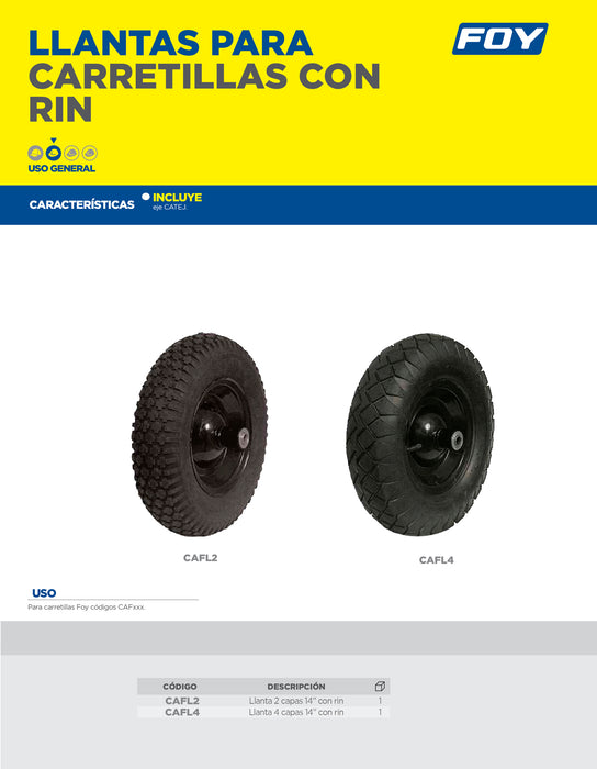 Llanta neumática 2 capas de 14" con rin para carretilla Foy