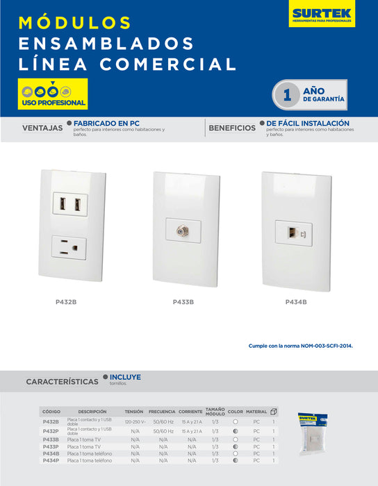 Placa para timbre 1/3, línea Americana, color blanco Surtek