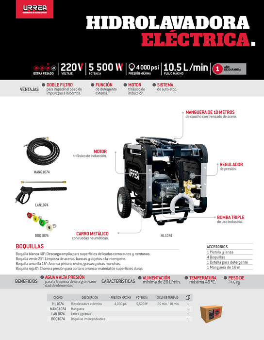 Hidrolavadora eléctrica 5500 W 220V 4000 PSI, 20 Lt por minuto Urrea