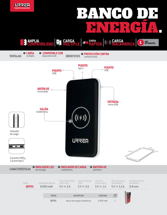Banco de energía portátil inalámbrico 8,000 mAh Urrea