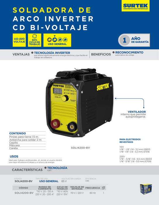 Soldadora inverter para electrodos de 1 fase bi voltaje 110 - 220 V, 200 A Surtek