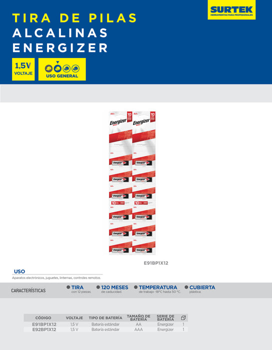 Tira de pilas alcalinas Energizer® "AA", 12 piezas Surtek