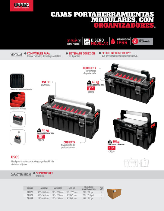 Caja portaherramientas plástica modular con organizador color negro 18"x 10" x 9" Urrea