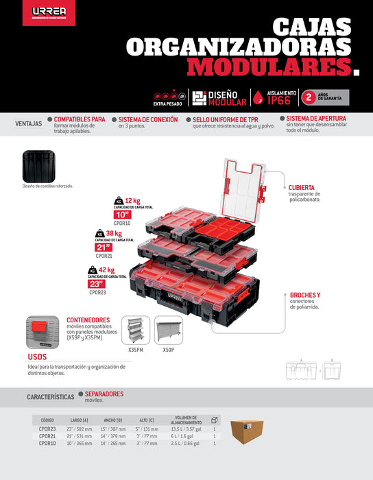 Caja organizadora plástica modular 10" x 14" x 3" Urrea
