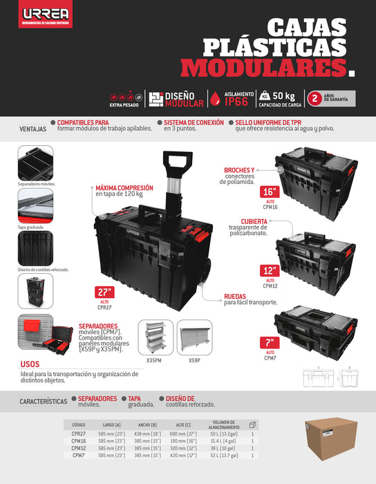 Caja portaherramientas plástica modular con compartimentos color negro 23" x 15" x 7" Urrea