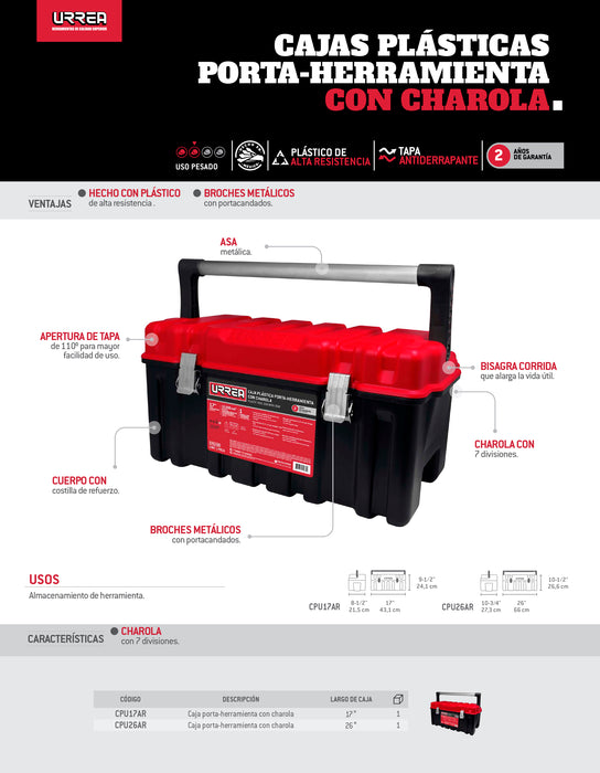 Caja portaherramientas plástica con broches metálicos color negro tapa roja 26" x 10" x 10 Urrea