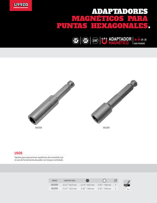 Adaptador magnético para puntas hexagonales de 5/16", hexágono de 1/4" x 2-1/2" Urrea