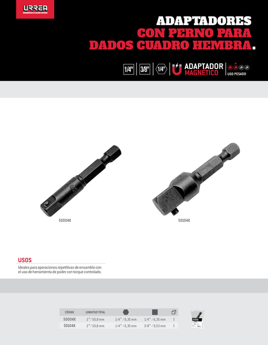 Adaptador con perno para dados cuadro hembra de 3/8", hexágono de 1/4" x 2" Urrea