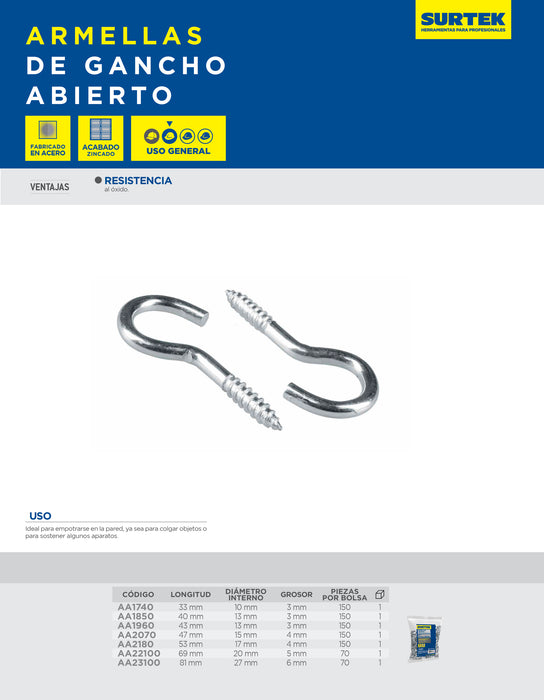Armella abierta 40 mm x 13 mm, 150 piezas Surtek
