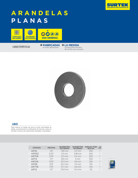 Arandela plana 1/4", 300 piezas Surtek