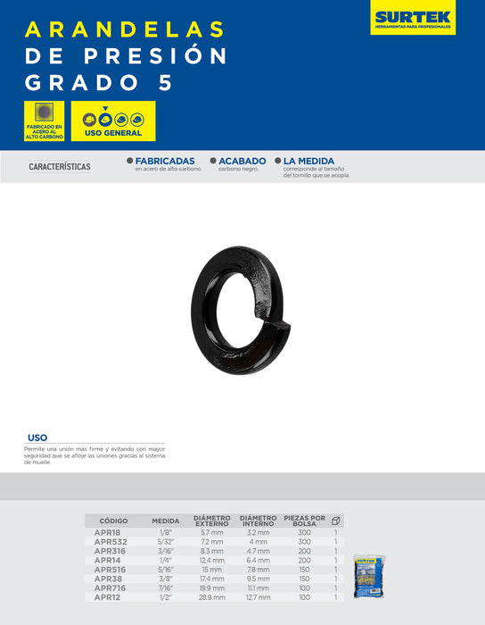 Arandela de presión grado 5, 1/2", 100 piezas Surtek