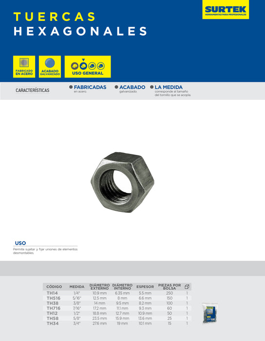 Tuerca hexagonal grado 2, 3/8", 100 piezas Surtek