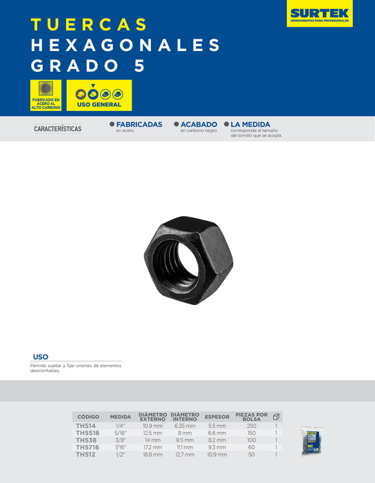 Tuerca hexagonal grado 5, 7/16", 60 piezas Surtek