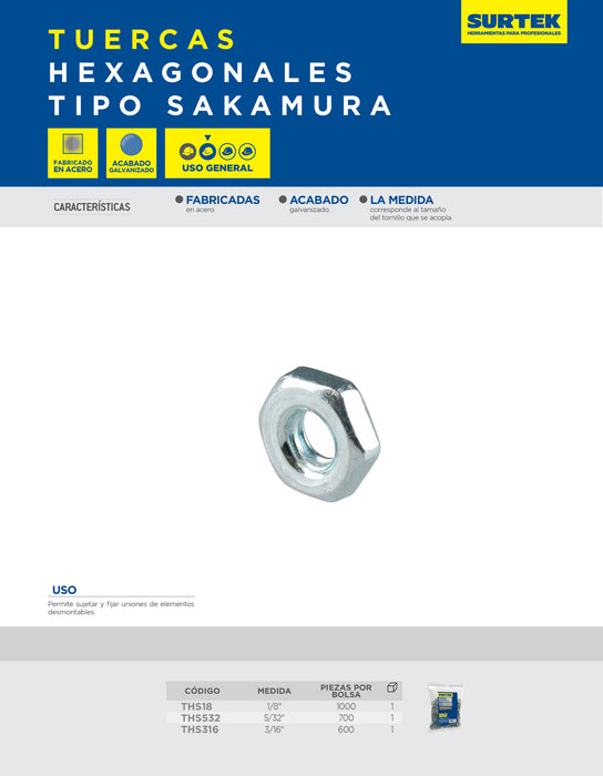 Tuerca hexagonal tipo sakamura 1/8", 1000 piezas Surtek