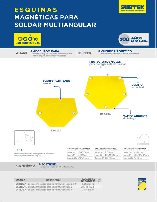 Esquina magnética para soldar multiangular 2-3/4", 25 lb Surtek