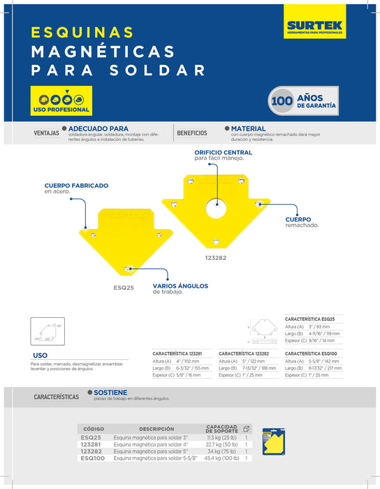 Esquina magnética para soldar 4", 50 lb Surtek