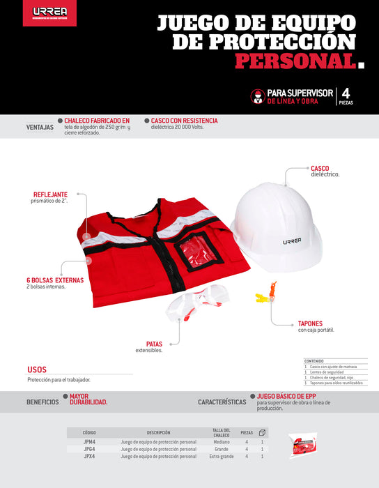 Juego de equipo de protección personal rojo G, 4 piezas Urrea