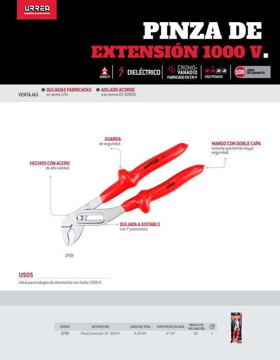 Pinza de extensión de 1000 V de 9-29/64" quijada ajustable Urrea