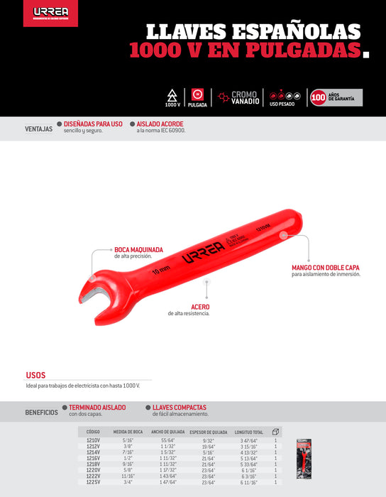 Llave española 1000 V en pulgadas de 1/2" Urrea