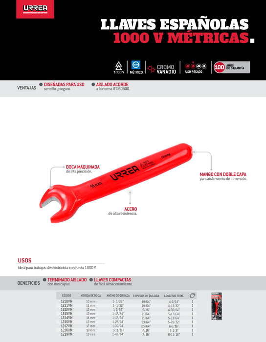 Llave española 1000 V métrica de 18 mm Urrea