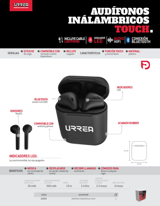 Audífonos inalámbricos touch 300 mAh Urrea
