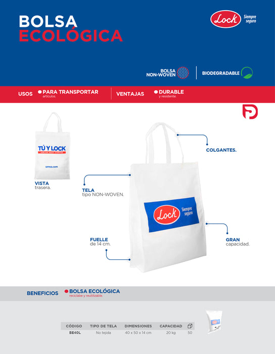 Paquete de bolsas ecológicas reutilizables 40 x 50 x 14 cm, 50 piezas Lock