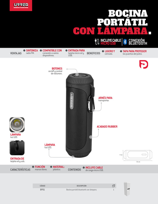 Bocina portátil vía Bluethooth con lámpara Urrea