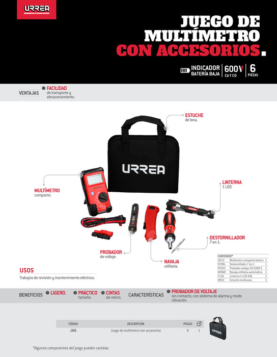 Juego de herramienta con multímetro 6 piezas, estuche multiusos Urrea