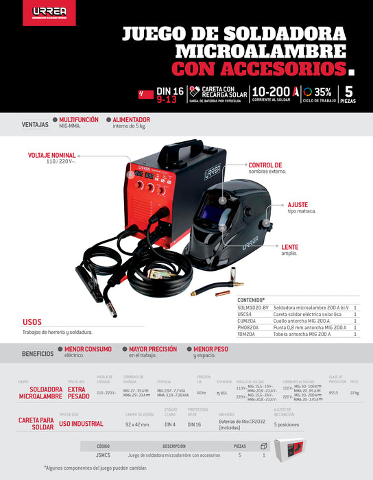 Juego de soldadora microalambre con accesorios, 5 piezas Urrea