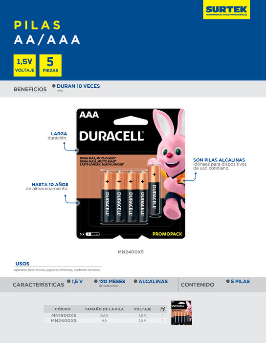 Pila alcalina Duracell® "AA", 5 piezas Surtek