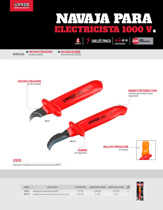 Navaja para electricista 1000 V con doble capa aislante, 8-21/32" Urrea