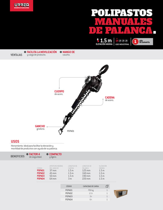 Polipasto manual de palanca 3 ton, cadena 1.5 m Urrea